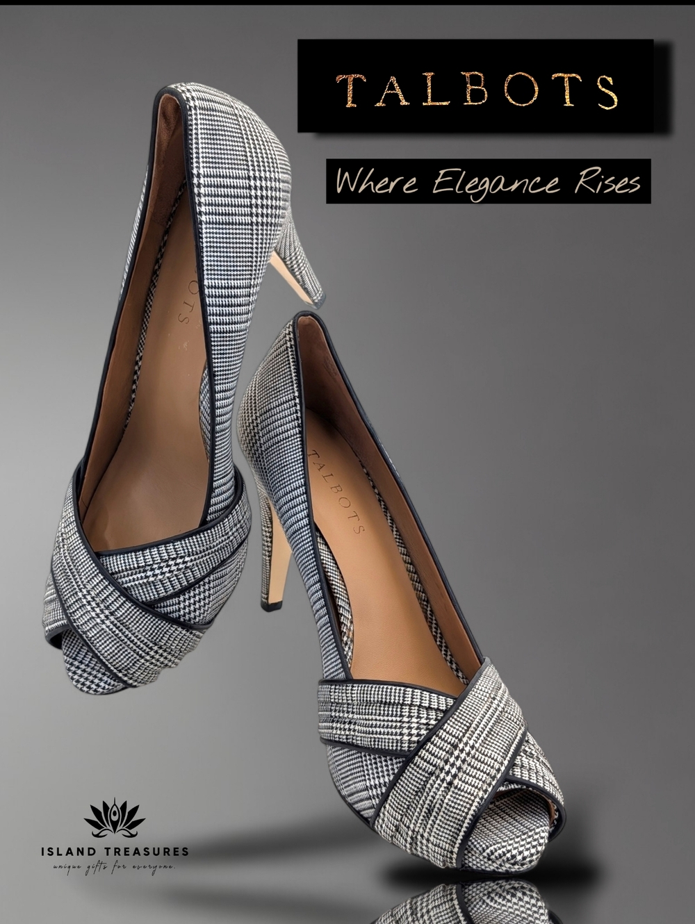 Talbots Sz 9.5M Plaid Black & White Textile Uppers Peep-Toe Crisscross Stiletto - Picture 17 of 17